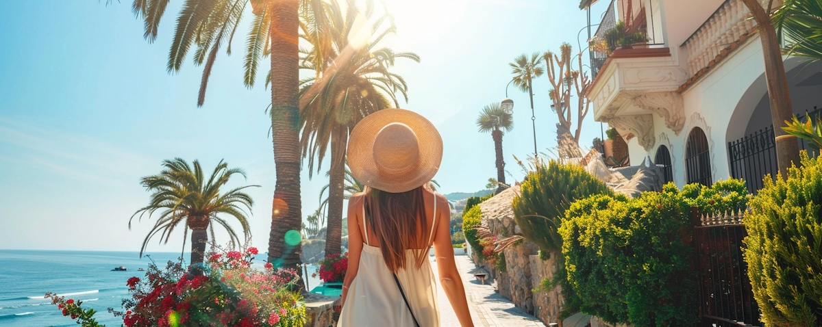 Reisende an einer spanischen Küstenpromenade lernen Spanisch für den Urlaub