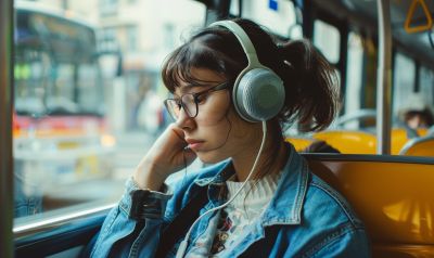 Frau lernt eine neue Sprache mit Musik in einem Bus