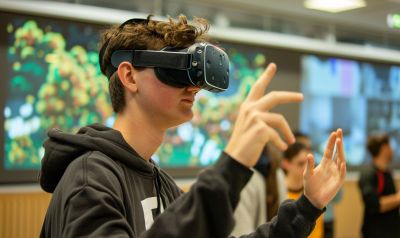 ein Student lernt eine Fremdsprache mit der Hilfe einer VR Brille