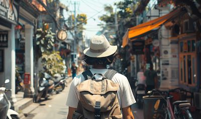 ein tourist in den straßen von indonesien lernt indonesisch