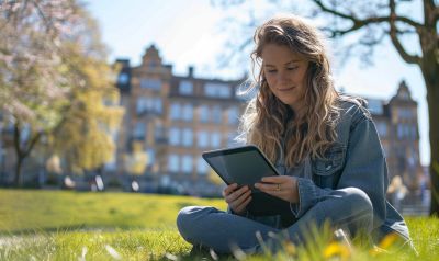 Studentin lernt mit einem tablet im Park eine neue Sprache