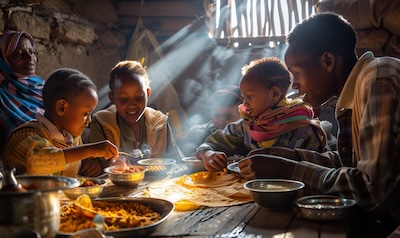 Äthiopische Familie beim gemeinsamen Essen, Vokabeln für Familie auf Amharisch