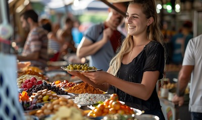 Deutsche Urlauberin wendet türkische Vokabeln auf einem Basar in der Türkei an
