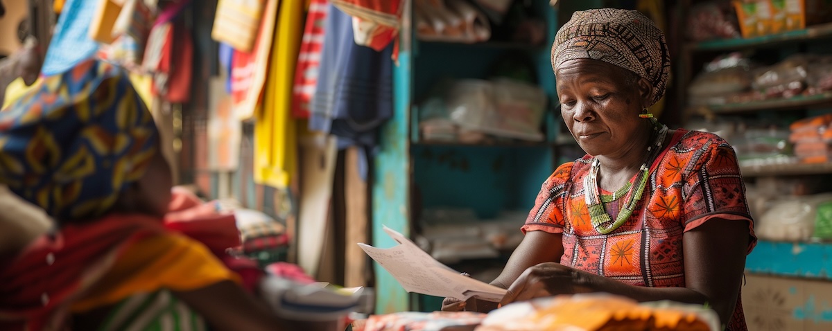 Frau am Marktstand in Kinshasa erklärt einem Besucher Wörter auf Lingala