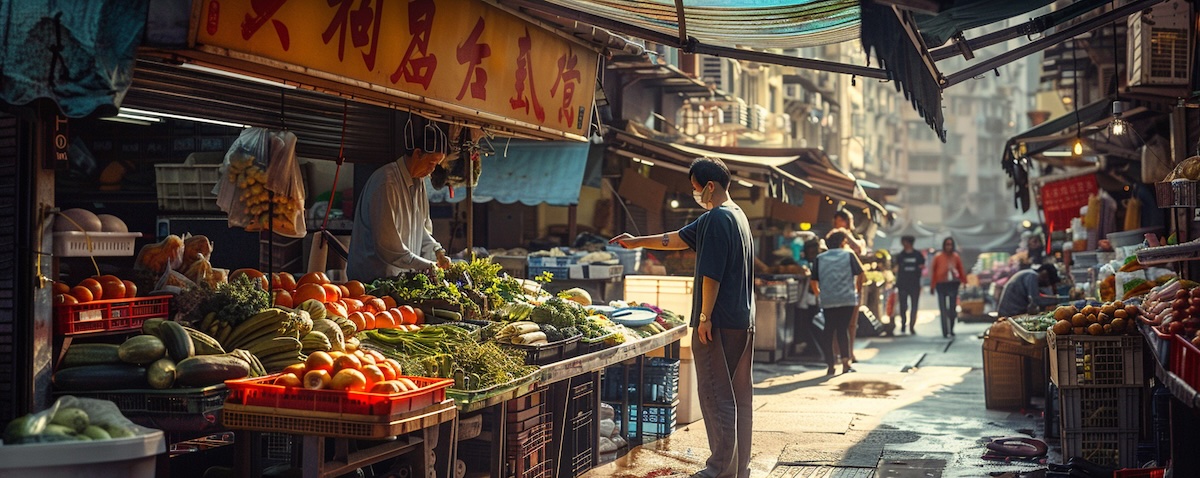 Kantonesische Marktszene in Hongkong mit handgemalten Schildern – Grundwortschatz im Alltag