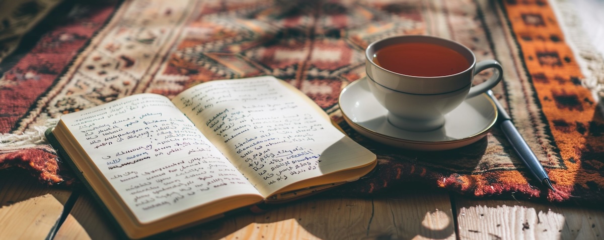 Notizbuch mit kurdischen Wörtern und Tee