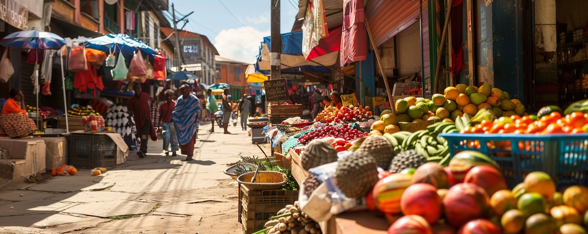 Belebter Markt in Antananarivo mit madagassischen Verkäufern und handgeschriebenen Preisschildern auf Madagassisch