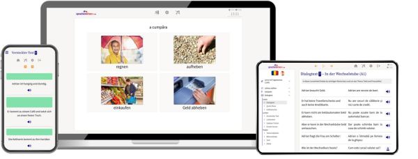Rumänisch Basiskurs Lernoberfläche – Vokabeltrainer mit rumänischen Wörtern und Aussprache