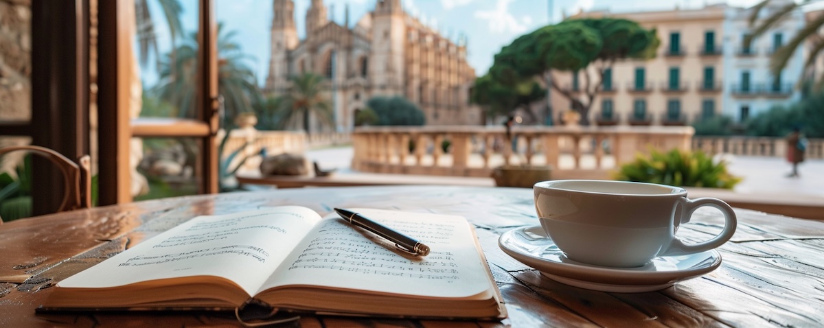 Die wichtigsten Wörter auf Mallorquinisch, Notizbuch mit Vokabeln und Kaffee vor der Kathedrale La Seu in Palma de Mallorca