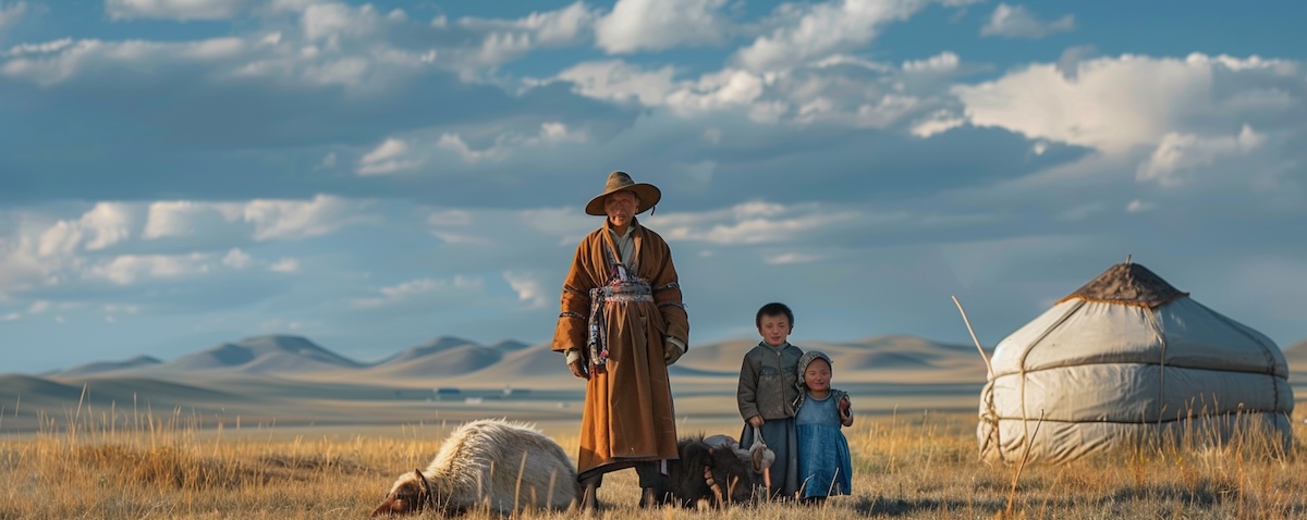 Reisende begrüßt eine mongolische Nomadenfamilie vor einer Jurte in der Steppe