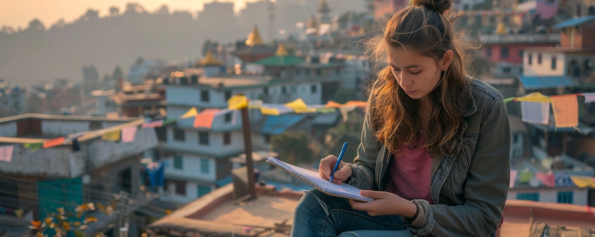 Reisende lernt nepalische Vokabeln aus einem Notizbuch vor Gebetsfahnen in Kathmandu