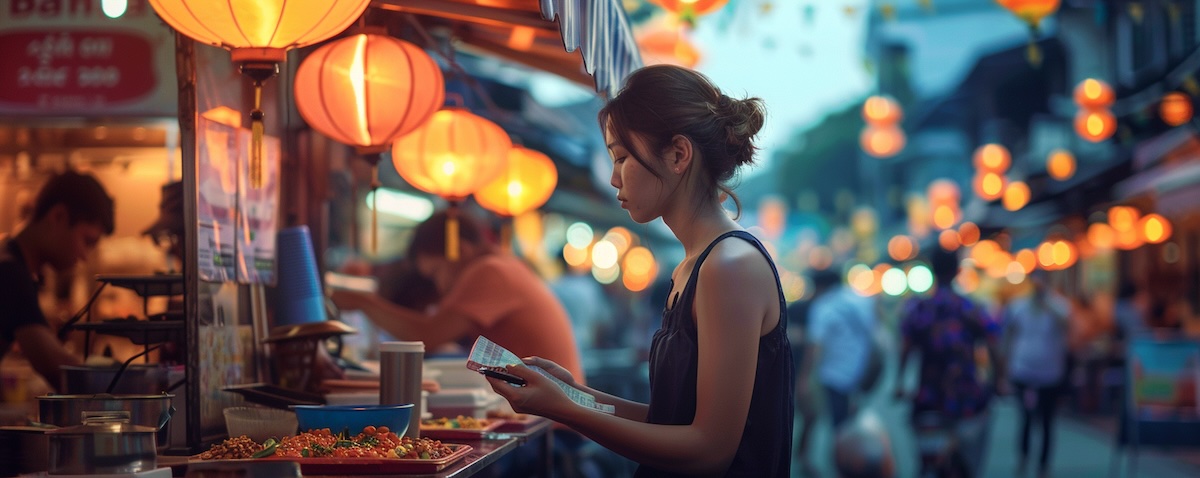 Reisende lernt malaysische Wörter am Hawker-Stand in Kuala Lumpur