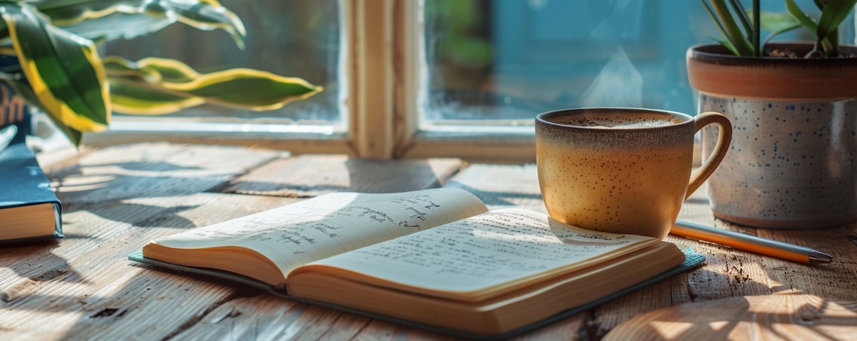 Aufgeschlagenes Vokabelheft mit Kaffeetasse auf einem hellen Holztisch, warme Nachmittagsstimmung
