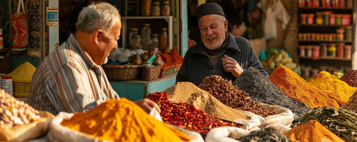 Marktstand mit Gewürzen in Usbekistan, wichtige Wörter auf Usbekisch