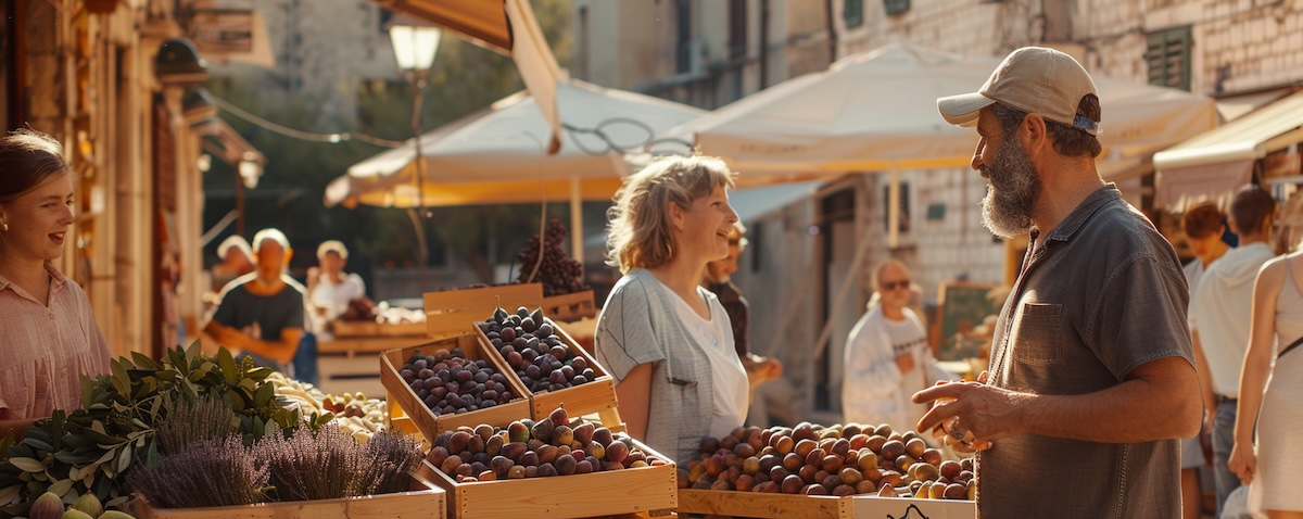 Urlaub in Kroatien – Deutsche Familie im Gespräch mit kroatischer Marktverkäuferin an der Adria