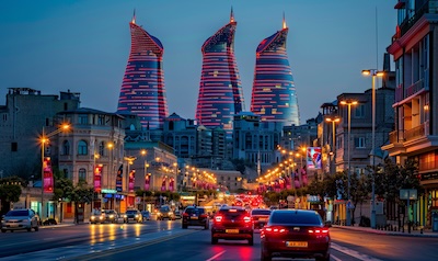 Baku Skyline Aserbaidschan Straßenschilder Nacht