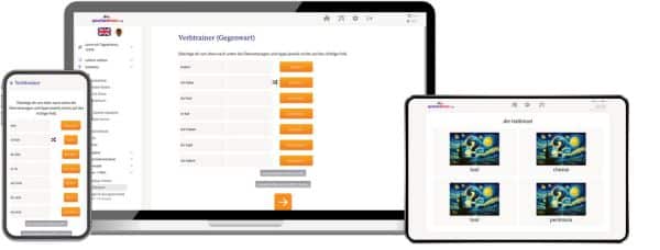 Sprachenlernen24 Kursinterface – Langzeitgedächtnis-Lernmethode mit Vokabeln und Bildkarten auf Laptop, Tablet und Smartphone