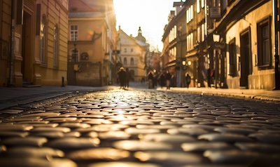 Sonnige Altstadtstraße in einer osteuropäischen Stadt mit Passanten, warmes Nachmittagslicht