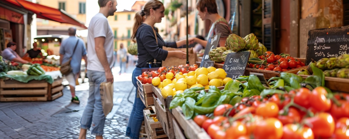 Italienischer Marktstand mit Obst, Gemüse und handgeschriebenen Preisschildern auf Italienisch