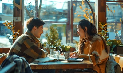 Menschen in einem modernen Café in Almaty – im Alltag werden sowohl Kasachisch als auch Russisch gesprochen
