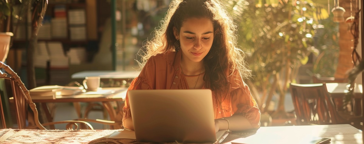 Junge Frau lernt Libanesisch an einem mediterranen Café in Beirut mit Laptop und Lehrbuch