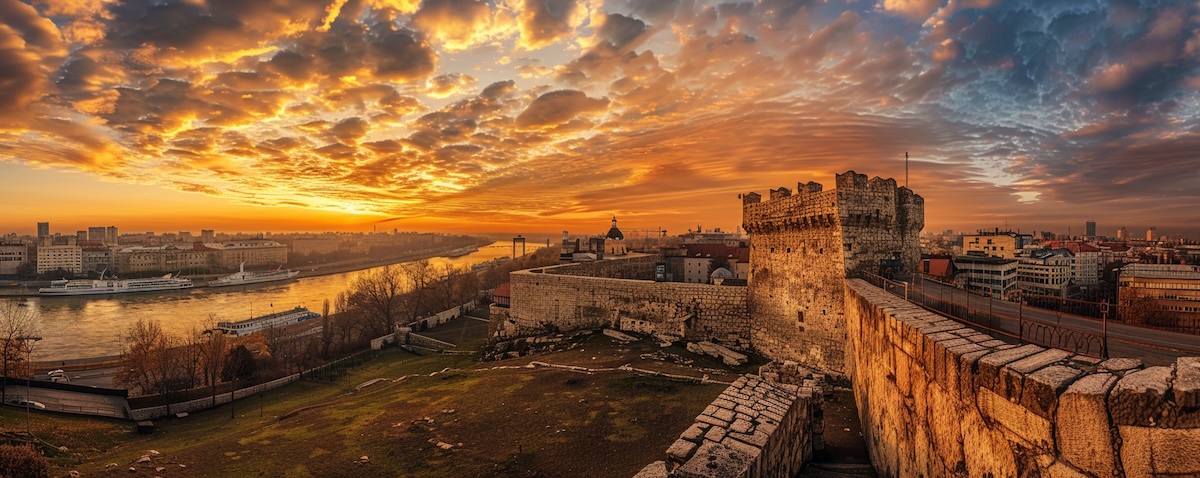 Kalemegdan-Festung in Belgrad bei Sonnenuntergang – Wahrzeichen Serbiens und Symbol der serbischen Sprachgeschichte