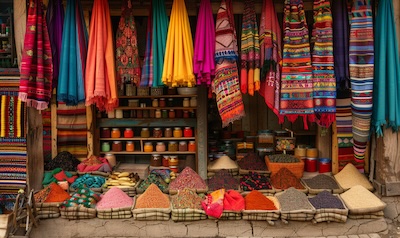 unte Stoffe und Gewürze auf einem äthiopischen Markt, Farben auf Amharisch