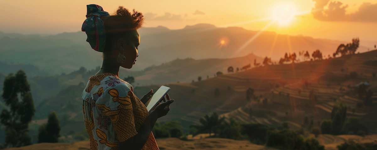 Amharisch lernen, äthiopische Landschaft mit Lernender und Smartphone