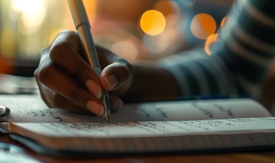 Lernende übt amharische Fidäl-Schrift handschriftlich in einem Notizbuch