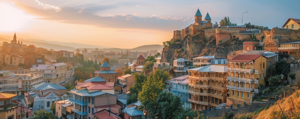 Blick auf die Altstadt von Tiflis mit der Festung Narikala beim Sonnenuntergang
