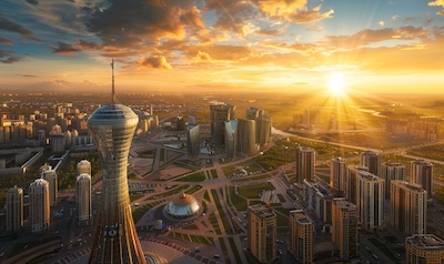 Stadtbild von Astana (Kasachstan) – im Alltag existieren kyrillische und zunehmend lateinische Schriftzeichen nebeneinander