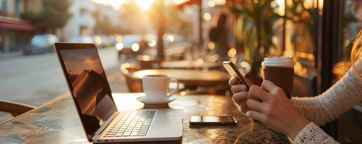 Türkisch online lernen am Laptop im Café