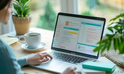 Lernende Person verwendet den Ungarisch Onlinekurs auf dem Laptop