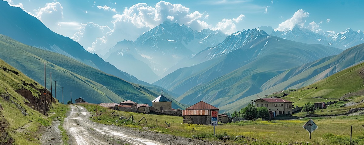 Landschaft in Georgien mit Kaukasus und georgischen Schriftzeichen auf Schildern