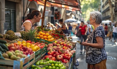 Katalanisch im Alltag, Gespräch auf einem Wochenmarkt in Barcelona