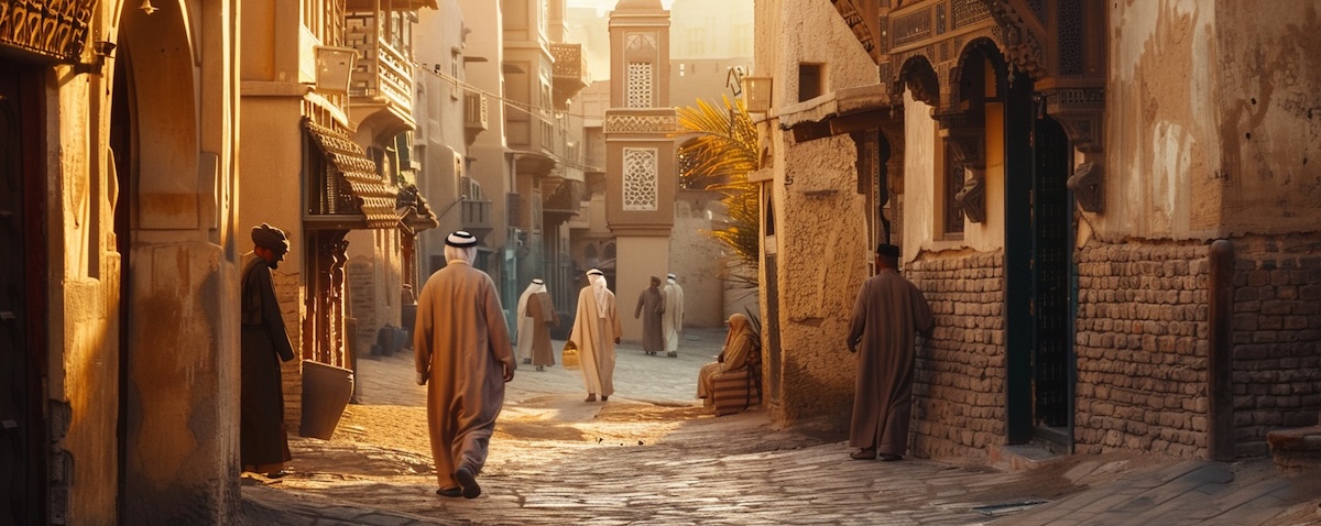 Arabische Sprache: historische arabische Altstadt mit Menschen