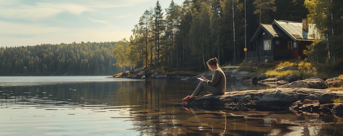 Finnisch lernen, Seenlandschaft in Finnland mit Lernender und Notizbuch
