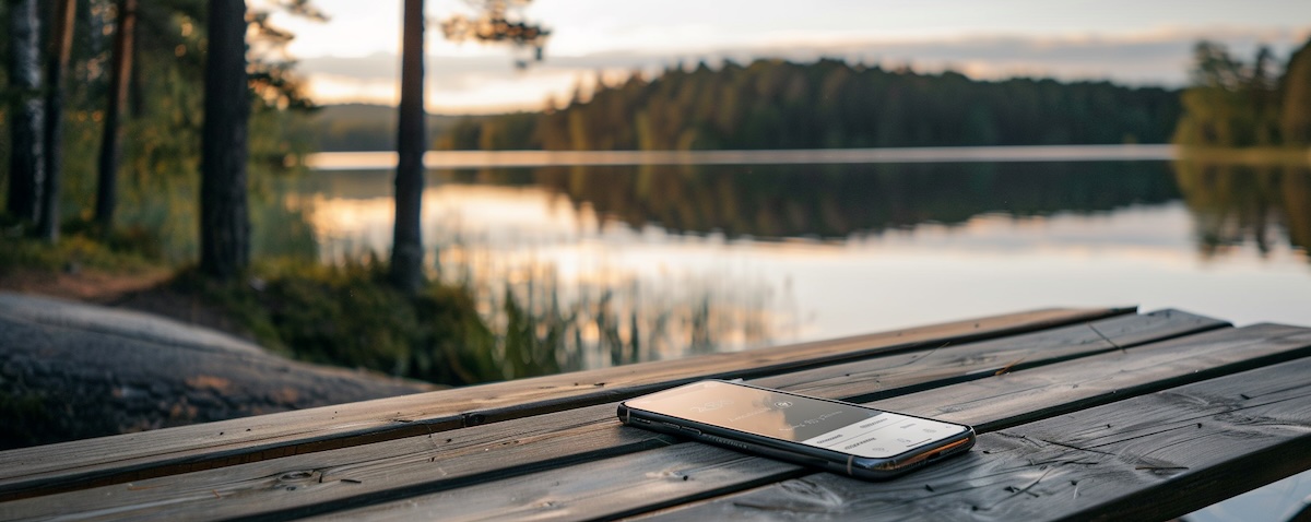 Finnisch lernen mit Mondly, App auf dem Smartphone vor finnischer Landschaft