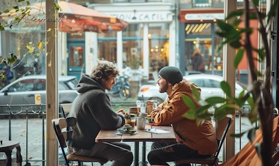 Zwei Freunde unterhalten sich in einem Café in Flandern auf Flämisch