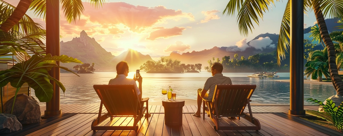 Zwei Reisende lernen Indonesisch am Smartphone vor indonesischer Inselkulisse