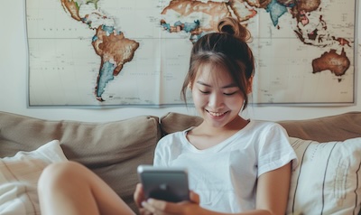 Frau lernt Indonesisch mit einer Sprachlern-App auf dem Smartphone