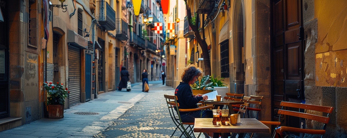 Katalanisch lernen, lernende Person mit Notizbuch in einer Gasse im gotischen Viertel von Barcelona