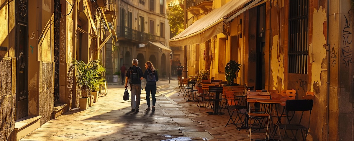 Katalanische Floskeln für den Alltag, freundliche Begrüßung in einer Gasse in Barcelona