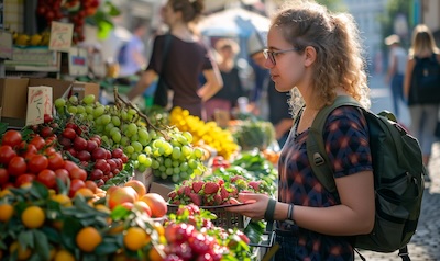 Reisende nutzt erste Lettischkenntnisse auf dem Markt in Riga