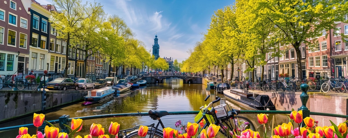 Bunte Amsterdamer Grachtenszene mit Fahrrädern und Tulpen als Aufmacher für lustige niederländische Wörter