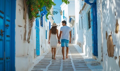 Verliebtes Paar in den blau-weißen Gassen von Sidi Bou Saïd in Tunesien