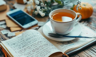 Notizbuch mit spanischen Vokabeln und Lern-App auf dem Tisch