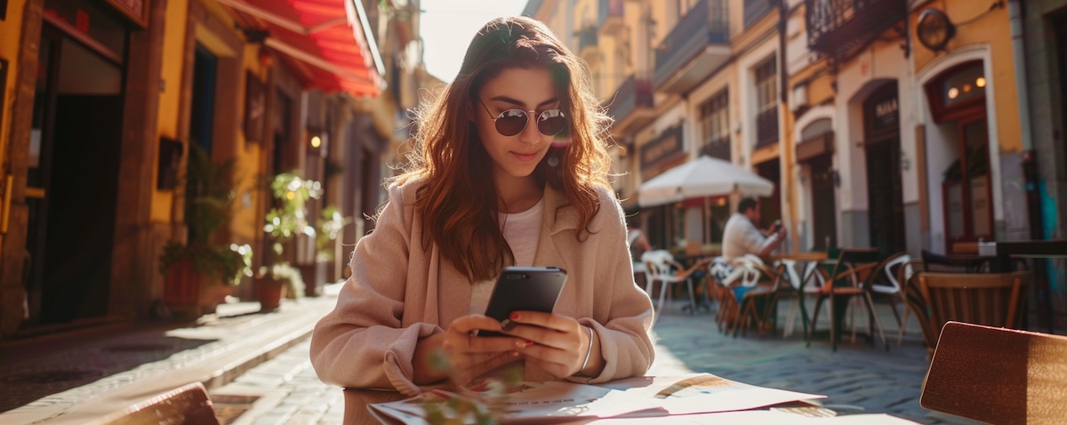 Frau lernt mit dem Smartphone Spanisch in einem Café