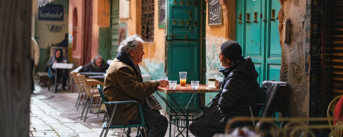 Gespräch in einem tunesischen Straßencafé als Symbol für Alltagsdialoge