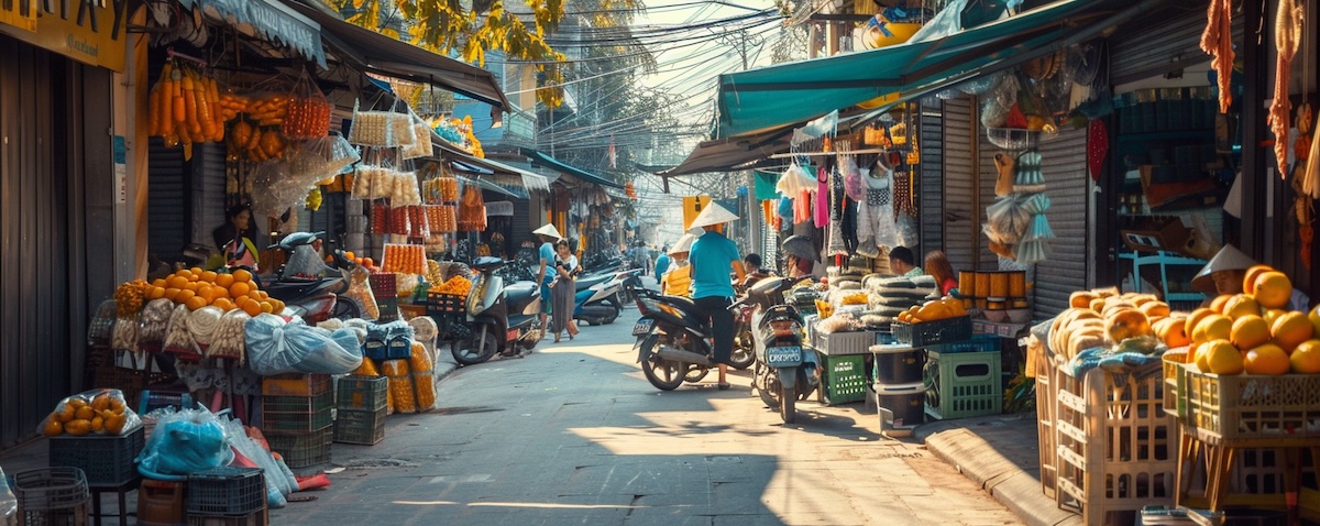 Belebter Markt in Vietnam mit vietnamesischen Schildern